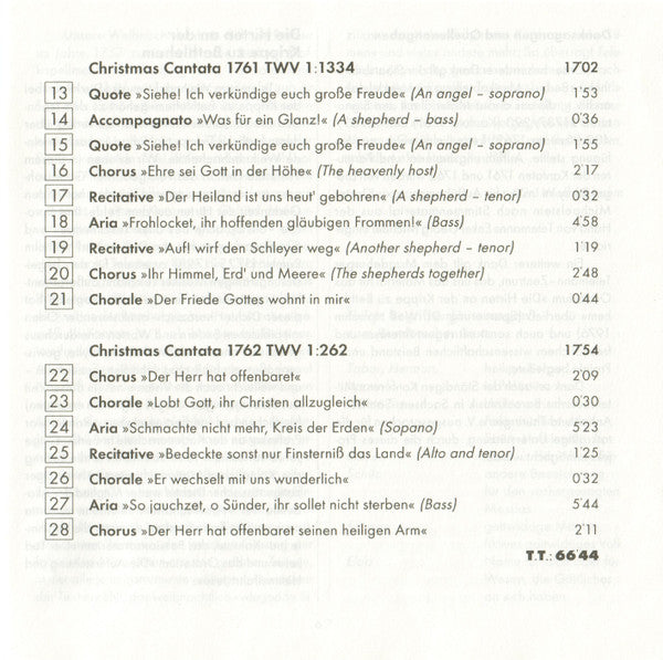 Georg Philipp Telemann – Constanze Backes ∙ Mechthild Georg ∙ Andreas Post ∙ Klaus Mertens ∙ Telemann-Kammerorchester Michaelstein ∙ Kammerchor Michaelstein ∙ Ludger Rémy : Christmas Oratorio; Christmas Cantatas 1761 & 1762 (CD, Album)