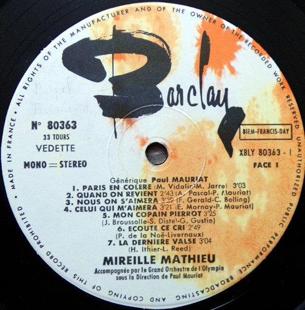 Mireille Mathieu : En Direct De L'Olympia (LP, Album, Gat)