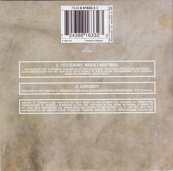 Pet Shop Boys : Yesterday, When I Was Mad (CD, Single)