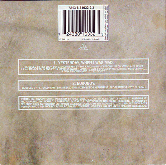 Pet Shop Boys : Yesterday, When I Was Mad (CD, Single)