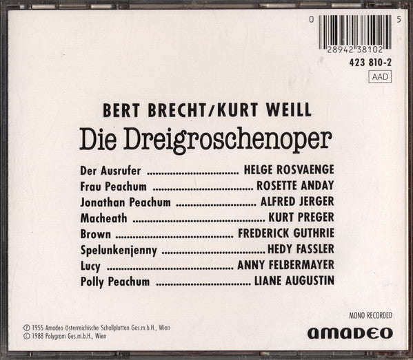 Bertolt Brecht / Kurt Weill : Die Dreigroschenoper (CD, Mono)