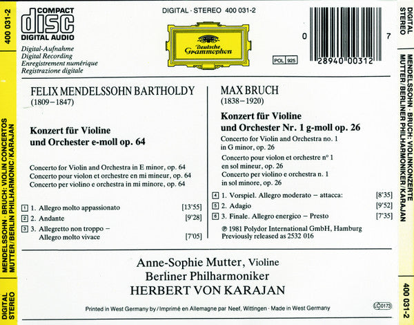 Felix Mendelssohn-Bartholdy • Max Bruch - Anne-Sophie Mutter · Berliner Philharmoniker · Herbert von Karajan : Violinkonzerte (CD, RE)