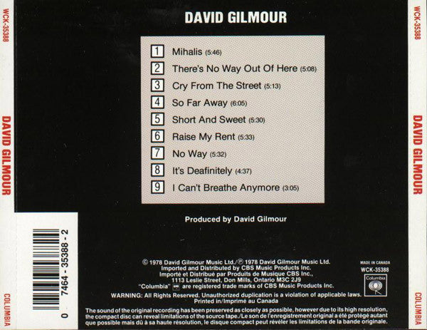 David Gilmour : David Gilmour (CD, Album, RE)
