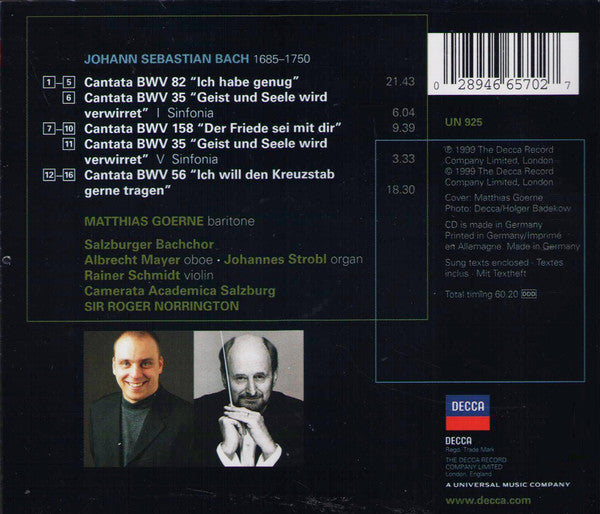 Matthias Goerne, Johann Sebastian Bach, Roger Norrington, Camerata Academica Salzburg : Bach Cantatas BWV 82, 158 & 56 (CD, Album)