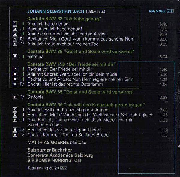 Matthias Goerne, Johann Sebastian Bach, Roger Norrington, Camerata Academica Salzburg : Bach Cantatas BWV 82, 158 & 56 (CD, Album)