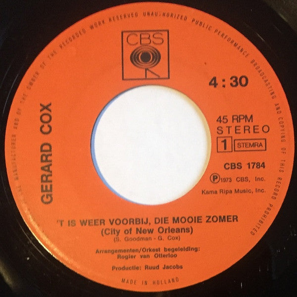 Gerard Cox : 't Is Weer Voorbij, Die Mooie Zomer  (7", Single, Lar)