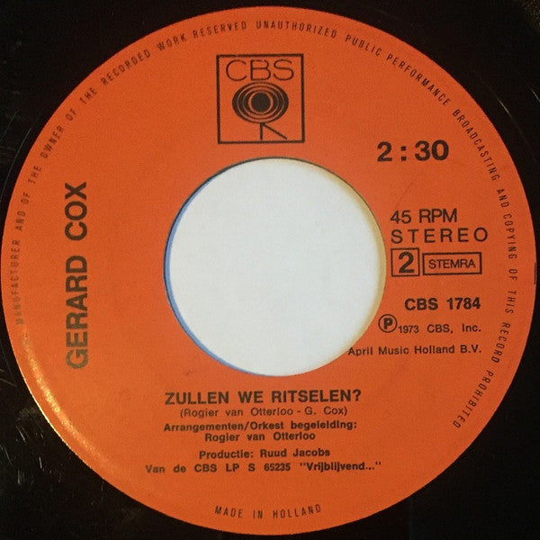 Gerard Cox : 't Is Weer Voorbij, Die Mooie Zomer  (7", Single, Lar)