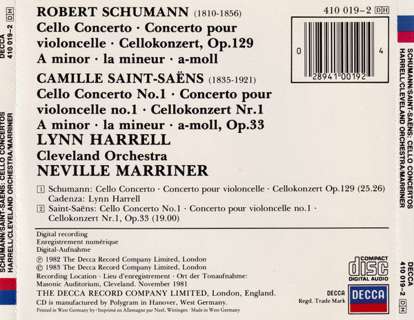Robert Schumann / Camille Saint-Saëns - Lynn Harrell, The Cleveland Orchestra, Sir Neville Marriner : Cello Concerto / Cello Concerto No.1 (CD)