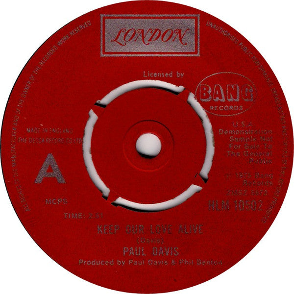 Paul Davis (3) : Keep Our Love Alive (7", Promo)