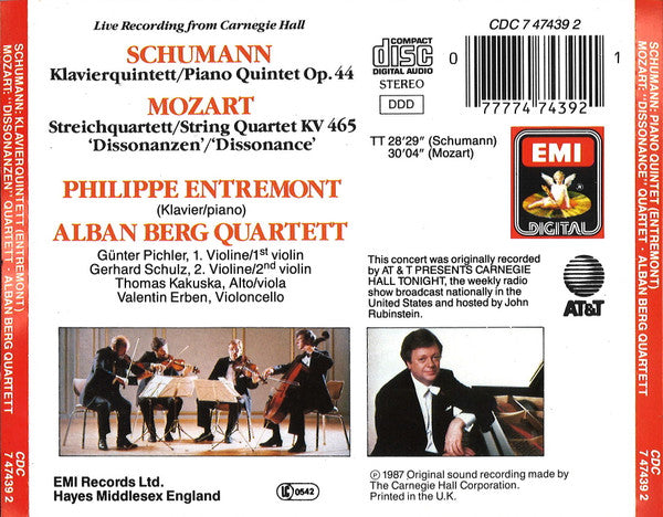 Robert Schumann / Wolfgang Amadeus Mozart, Philippe Entremont, Alban Berg Quartett : Live Recording From Carnegie Hall: Klavierquintett = Piano Quintet Op. 44 / Streichquartett = String Quartet KV 465 'Dissonanzen' = 'Dissonance' (CD)
