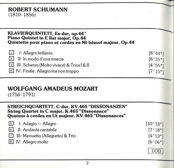 Robert Schumann / Wolfgang Amadeus Mozart, Philippe Entremont, Alban Berg Quartett : Live Recording From Carnegie Hall: Klavierquintett = Piano Quintet Op. 44 / Streichquartett = String Quartet KV 465 'Dissonanzen' = 'Dissonance' (CD)