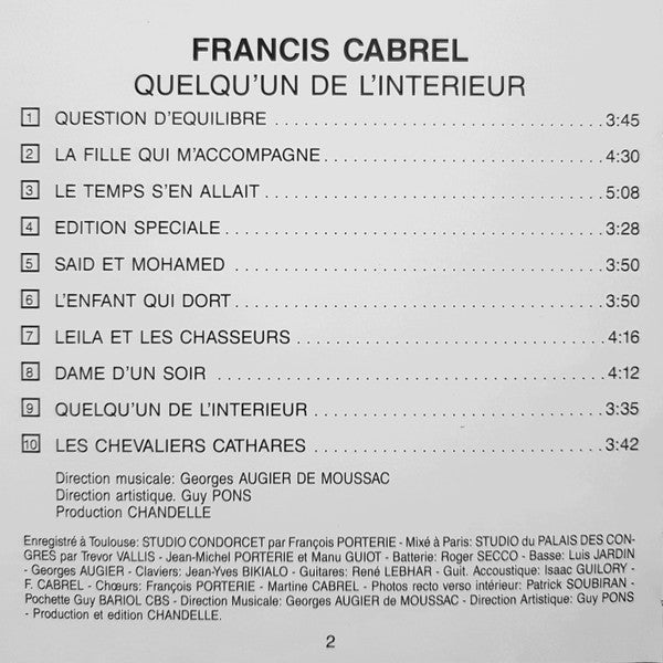 Francis Cabrel : Quelqu'Un De L'Intérieur (CD, Album, RE)