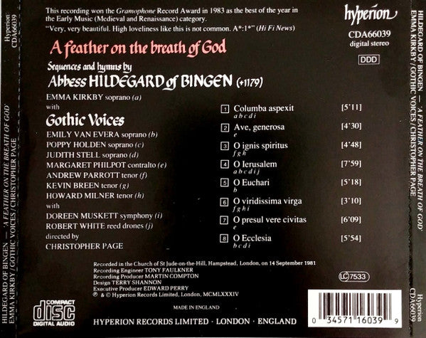 Hildegard Von Bingen, Gothic Voices (2) with Emma Kirkby directed by Christopher Page : A Feather On The Breath Of God (CD, Album, RE, Dis)