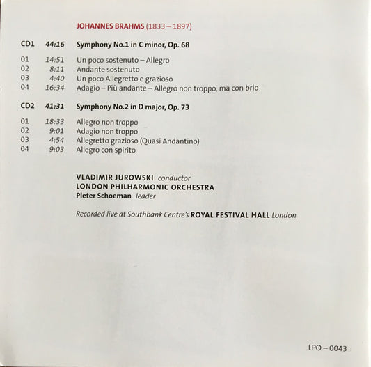 Johannes Brahms, Vladimir Jurowski, London Philharmonic Orchestra : Symphony No.1 / Symphony No.2 (2xCD, Album)