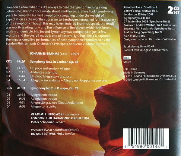 Johannes Brahms, Vladimir Jurowski, London Philharmonic Orchestra : Symphony No.1 / Symphony No.2 (2xCD, Album)