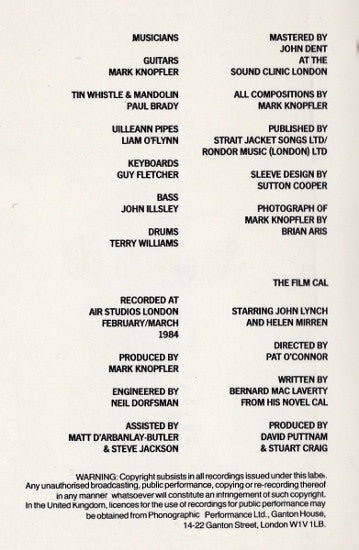 Mark Knopfler : Music By Mark Knopfler From The Film Cal (CD, Album, RP)