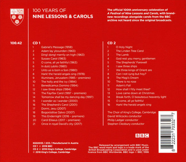The King's College Choir Of Cambridge, David Willcocks, Philip Ledger, Stephen Cleobury : 100 Years Of Nine Lessons & Carols (2xCD, Album)