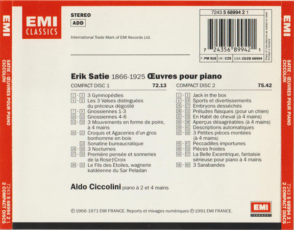 Erik Satie - Aldo Ciccolini : Œuvres Pour Piano / Piano Works / Klavierwerke (2xCD, Comp)