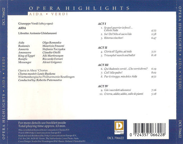 Olga Romanko, Maurizio Frusoni, Württembergische Philharmonie Reutlingen, Roberto Paternostro : Aida - Opera Highlights (CD, Album)