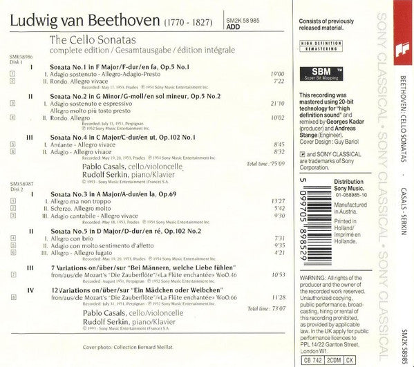 Ludwig van Beethoven - Pablo Casals, Rudolf Serkin : The Complete Cello Sonatas, Variations on Themes from Mozart's Die Zauberflöte (2xCD)