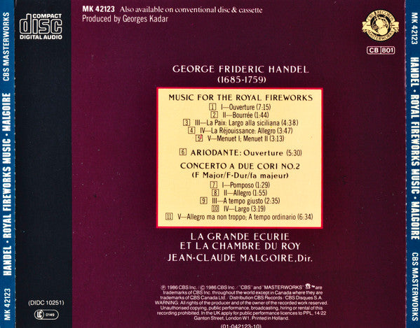 Georg Friedrich Händel, La Grande Ecurie Et La Chambre Du Roy, Jean-Claude Malgoire : Music For The Royal Fireworks (CD, Album)