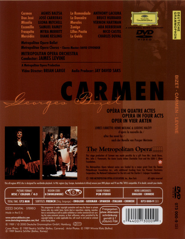 Georges Bizet / Agnes Baltsa, José Carreras, Leona Mitchell, Samuel Ramey, Metropolitan Opera Chorus And The Metropolitan Opera House Orchestra, James Levine (2) : Carmen (DVD-V, NTSC)
