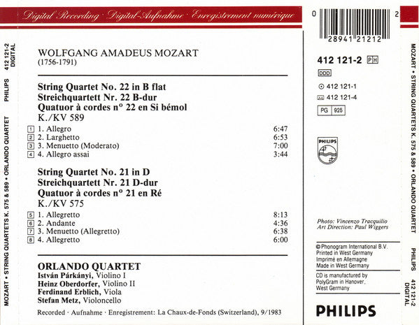 Wolfgang Amadeus Mozart, Orlando Quartet : String Quartets = Streichquartette KV 575 & 589 (CD)