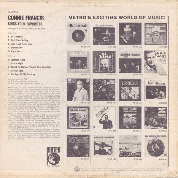 Connie Francis : Sings Folk Favorites (LP, Album, RE)