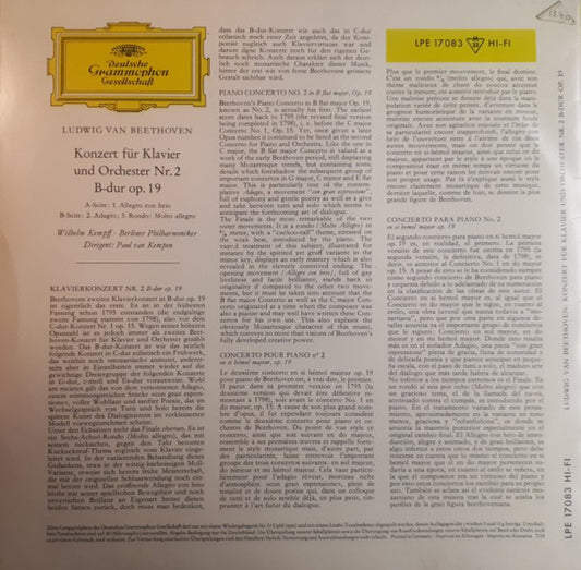 Ludwig van Beethoven – Wilhelm Kempff · Berliner Philharmoniker · Paul van Kempen : Konzert Für Klavier Und Orchester Nr. 2 B-dur (10", Mono)