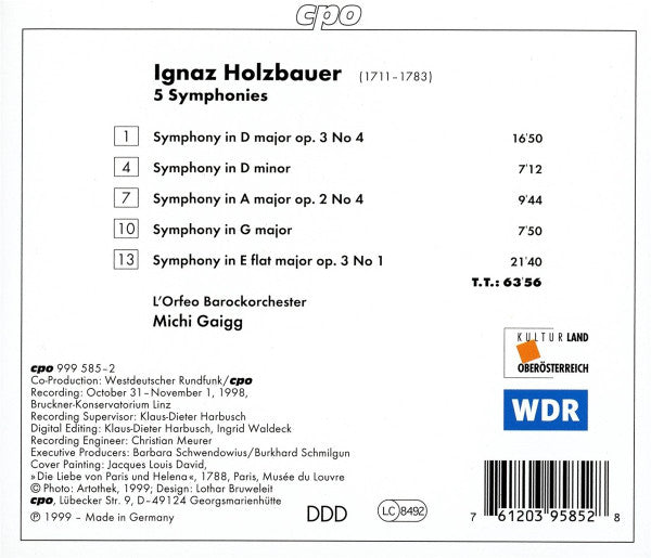 Ignaz Jakob Holzbauer - L'Orfeo Barockorchester, Michi Gaigg : Five Symphonies (CD, Album)