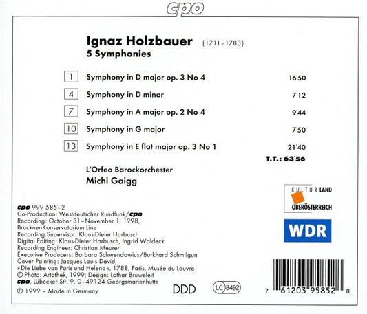Ignaz Jakob Holzbauer - L'Orfeo Barockorchester, Michi Gaigg : Five Symphonies (CD, Album)