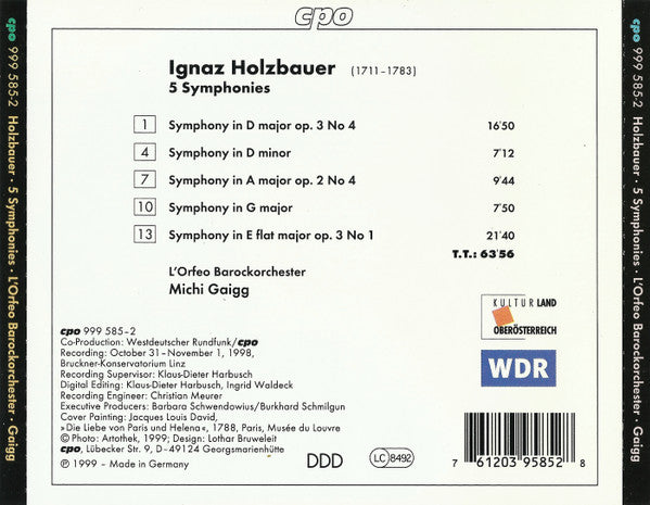 Ignaz Jakob Holzbauer - L'Orfeo Barockorchester, Michi Gaigg : Five Symphonies (CD, Album)