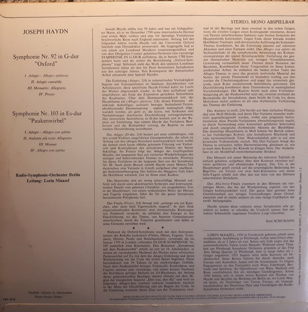 Joseph Haydn, Radio-Symphonie-Orchester Berlin, Lorin Maazel : Symphonie Nr. 92 In G-dur Oxford / Symphonie Nr. 103 In Es-dur Paukenwirbel (LP)