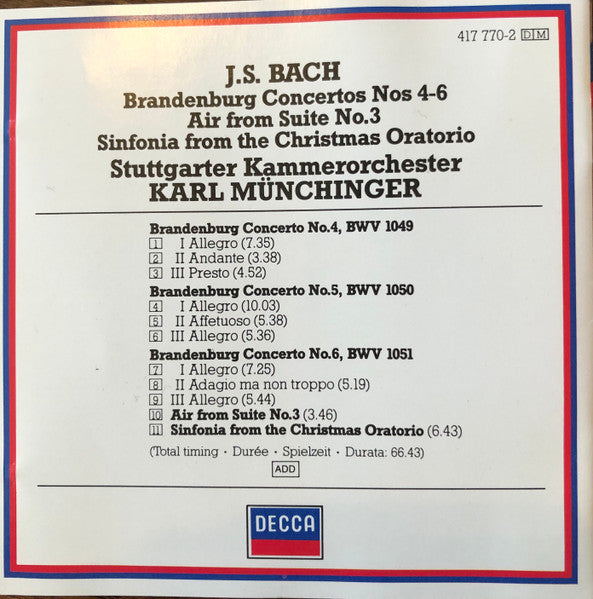 Johann Sebastian Bach, Stuttgarter Kammerorchester, Karl Münchinger : Brandenburg Concertos 4-6 (CD, Album, RM)