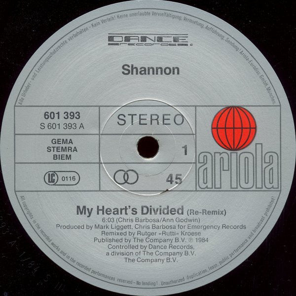 Shannon : My Heart's Divided / Sweet Somebody (Special Remixed Versions) (12")