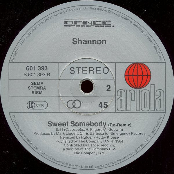 Shannon : My Heart's Divided / Sweet Somebody (Special Remixed Versions) (12")