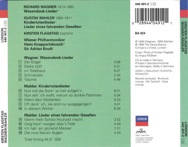 Kirsten Flagstad, Gustav Mahler, Richard Wagner, Wiener Philharmoniker, Hans Knappertsbusch, Sir Adrian Boult : Kindertotenlieder / Lieder Eines Fahrenden Gesellen / Wesendonck Lieder (CD, Comp, RE, RM)