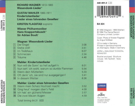 Kirsten Flagstad, Gustav Mahler, Richard Wagner, Wiener Philharmoniker, Hans Knappertsbusch, Sir Adrian Boult : Kindertotenlieder / Lieder Eines Fahrenden Gesellen / Wesendonck Lieder (CD, Comp, RE, RM)