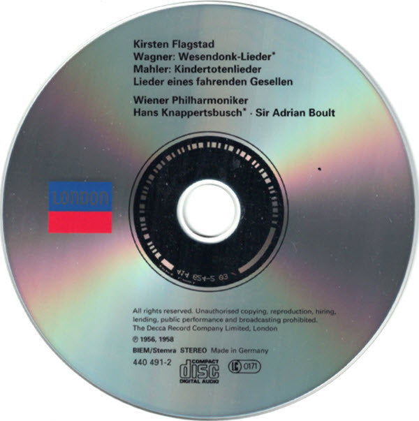 Kirsten Flagstad, Gustav Mahler, Richard Wagner, Wiener Philharmoniker, Hans Knappertsbusch, Sir Adrian Boult : Kindertotenlieder / Lieder Eines Fahrenden Gesellen / Wesendonck Lieder (CD, Comp, RE, RM)