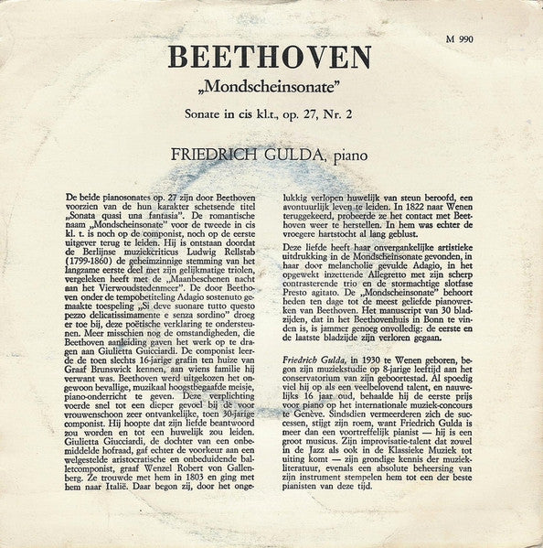 Ludwig van Beethoven / Friedrich Gulda : Sonate Nr. 14 In Cis-Moll, "Mondschein" (7", Mono)