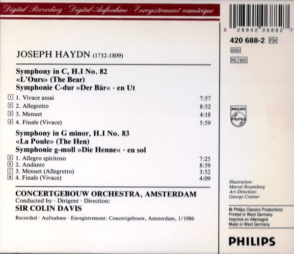 Joseph Haydn - Concertgebouworkest, Sir Colin Davis : Symphonies: No.83 La Poule / No.82 L'Ours (CD, Album)