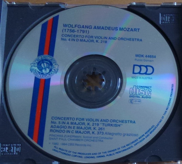 Wolfgang Amadeus Mozart - Pinchas Zukerman, The Saint Paul Chamber Orchestra : The Violin Concertos, Vol. II /  Concertos No. 4 & 5 "Turkish" ● Adagio K 261 ● Rondo K 373 (CD, Comp)