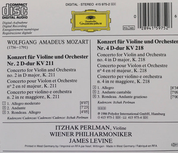 Wolfgang Amadeus Mozart / Itzhak Perlman / Wiener Philharmoniker / James Levine (2) : Violinkonzerte Nr. 2 & 4 (CD, Album)