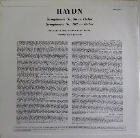 Joseph Haydn, Orchester Der Wiener Staatsoper, David Josefowitz : Symphonie Nr. 96 / Symphonie Nr.102 (LP)