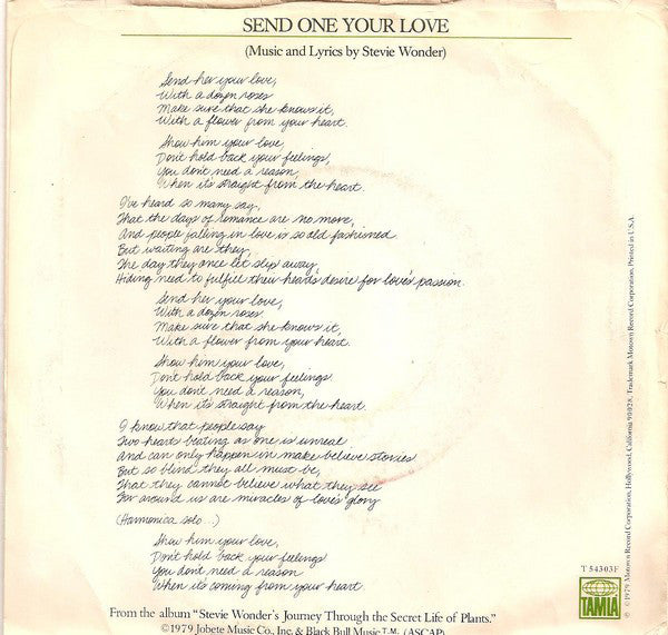 Stevie Wonder : Send One Your Love (7", Single)