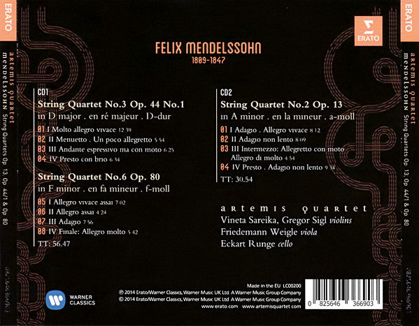 Felix Mendelssohn-Bartholdy - Artemis Quartett : String Quartets Op. 13, Op. 44/1 & Op. 80 (2xCD, Album)