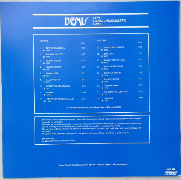 Demis Roussos : Artemios Venturis - For Fanclubmembers Only (LP, Fan)