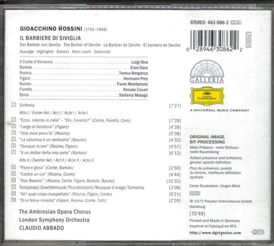 Gioacchino Rossini - Hermann Prey · Teresa Berganza · Luigi Alva · Enzo Dara · Paolo Montarsolo - London Symphony Orchestra - Claudio Abbado : Il Barbiere Di Siviglia (Highlights) (CD, Album, RE)