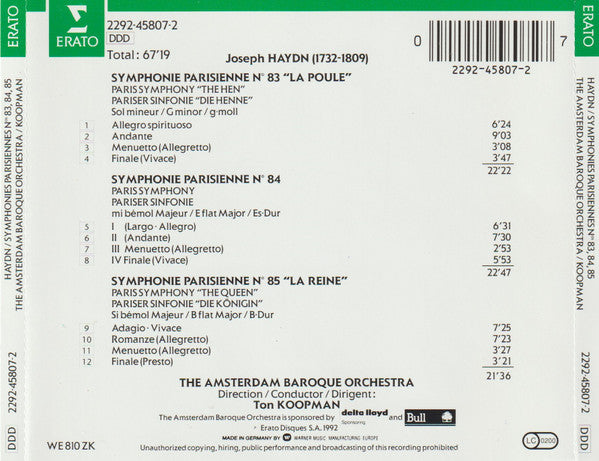 Joseph Haydn - The Amsterdam Baroque Orchestra, Ton Koopman : Pariser Sinfonien = Symphonies Parisiennes Nos. 83 "La Poule", 84, 85 "La Reine" (CD)