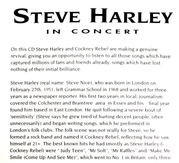 Steve Harley : In Concert (CD, Album)
